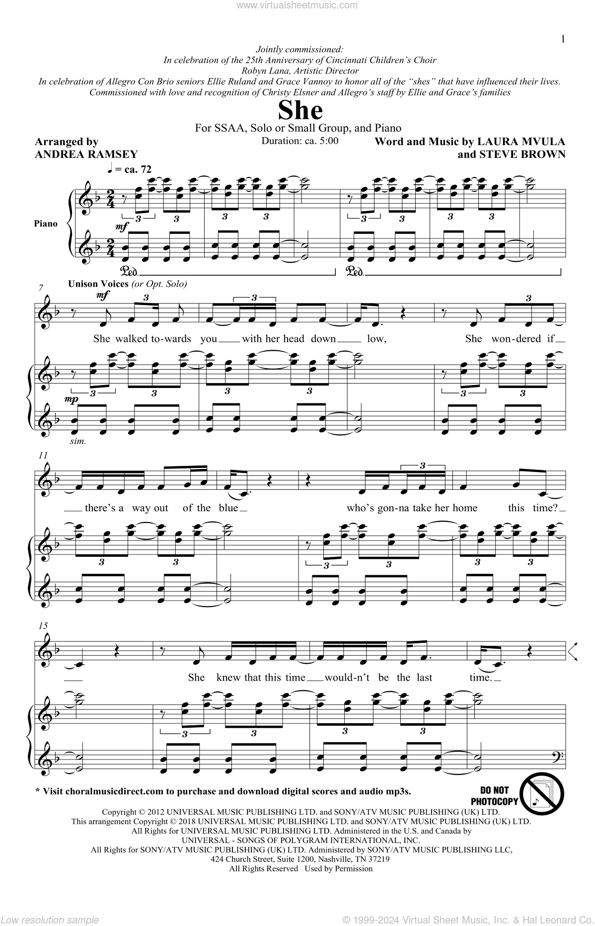 She (arr. Andrea Ramsey) sheet music for choir (SSA: soprano, alto)