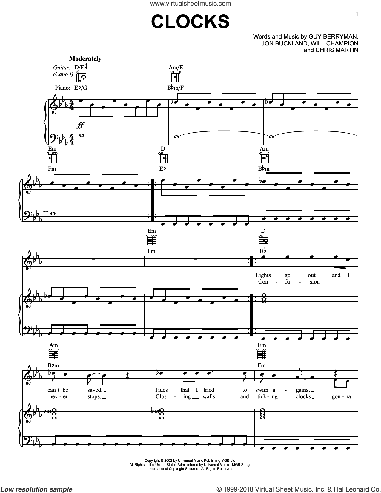 Berryman - Clocks sheet music for voice, piano or guitar [PDF]