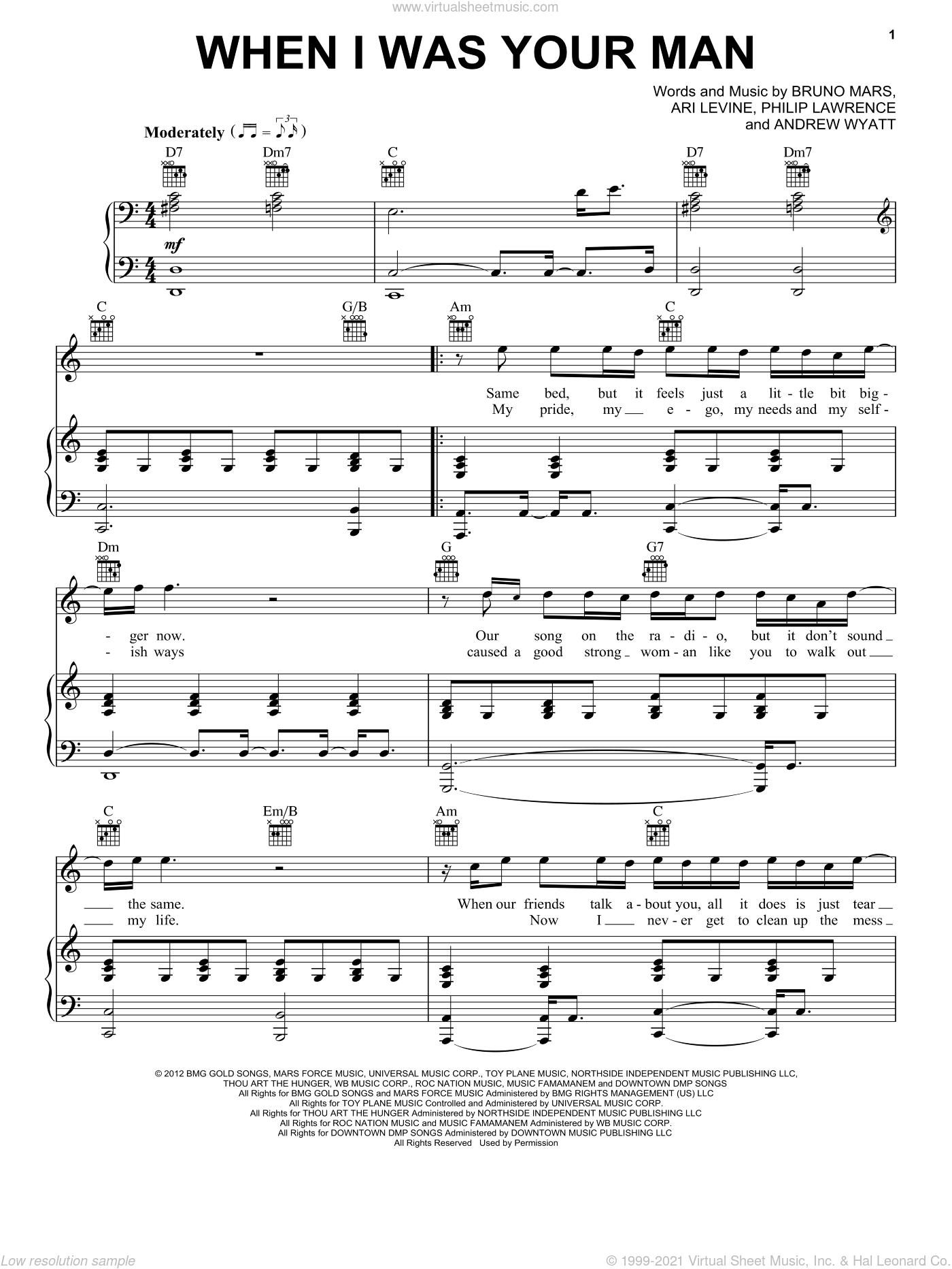 Mars When I Was Your Man Sheet Music For Voice Piano Or Guitar V2