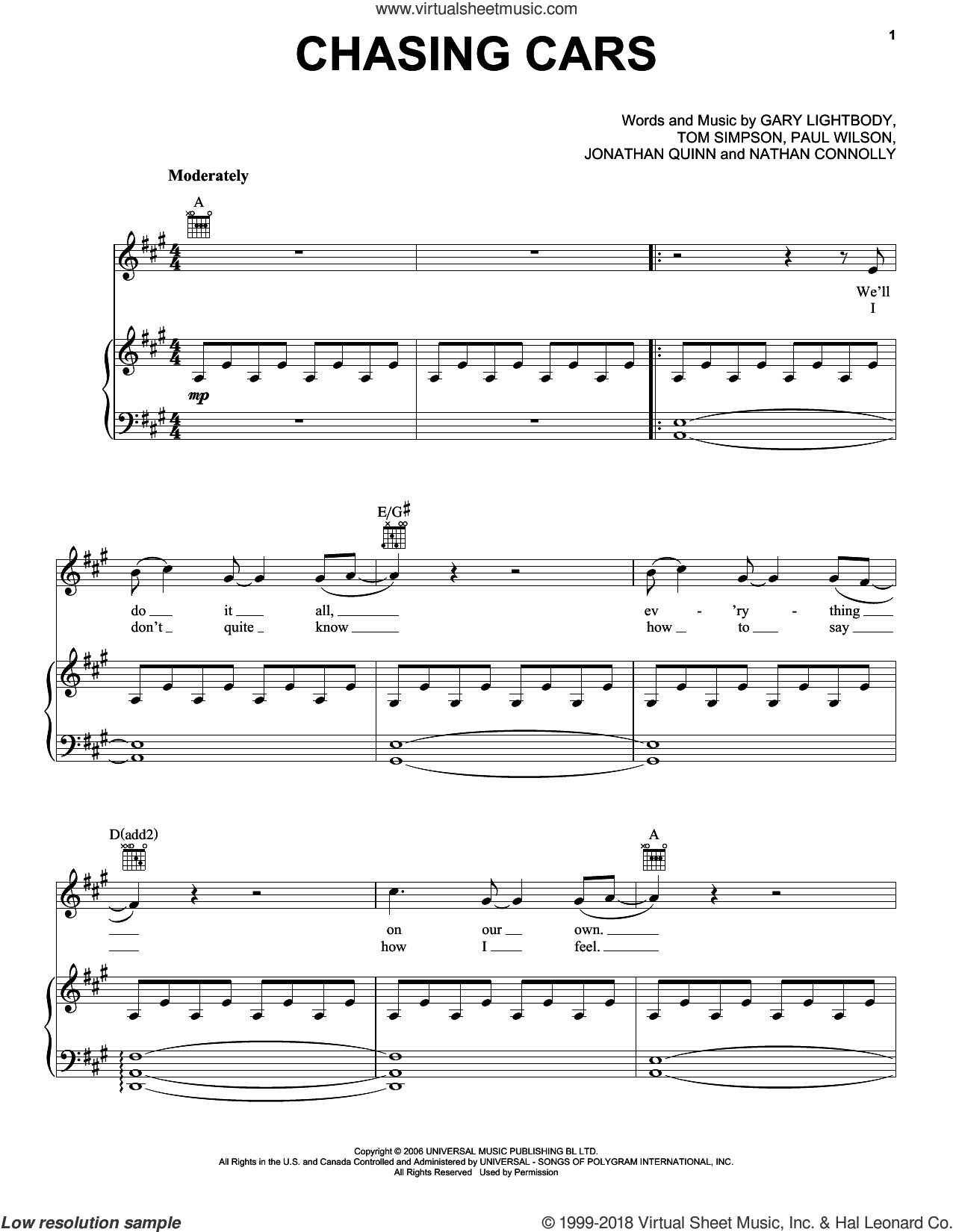 Chasing Cars sheet music for voice, piano or guitar v3