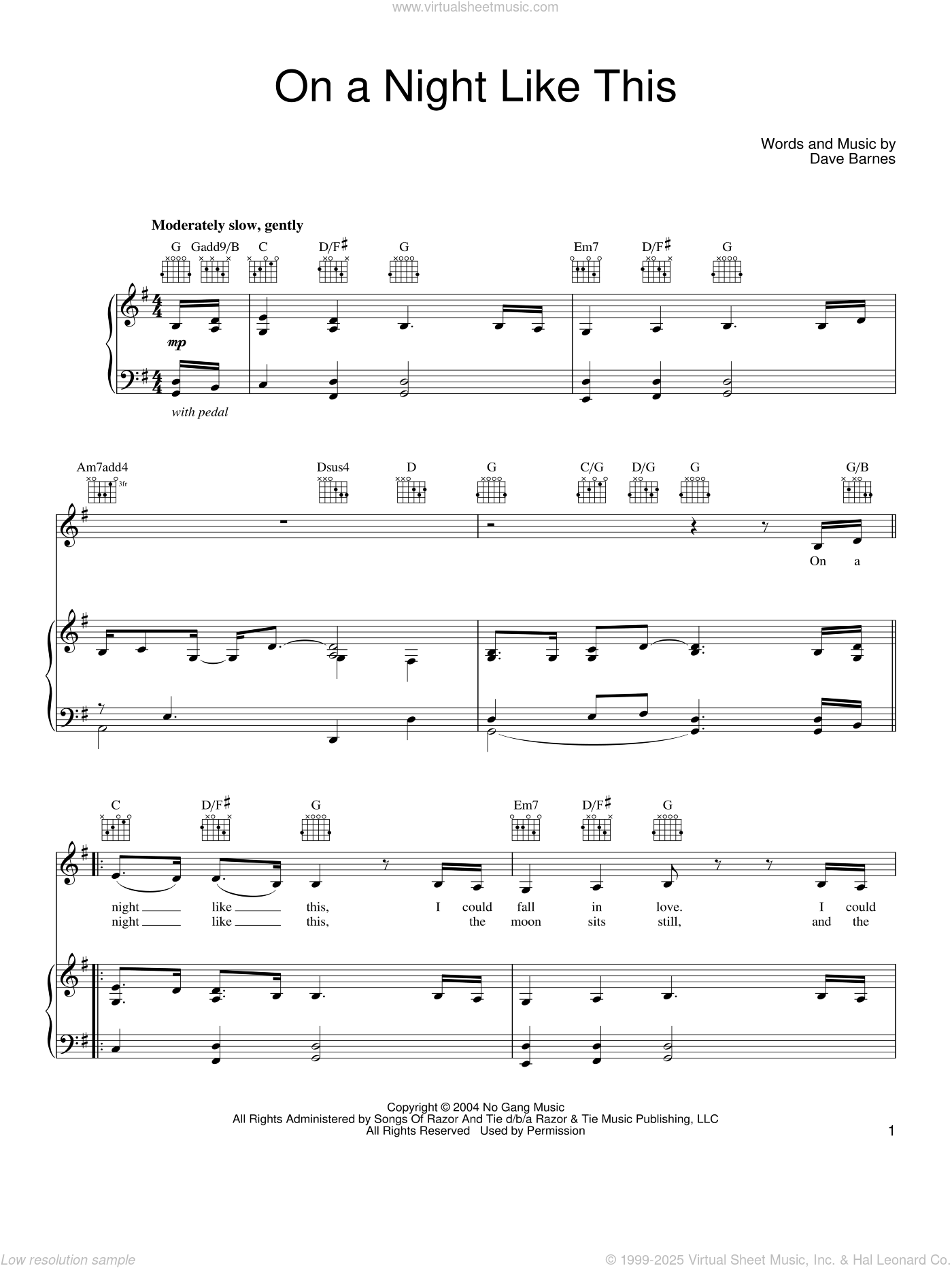 Barnes On A Night Like This Sheet Music For Voice Piano Or Guitar