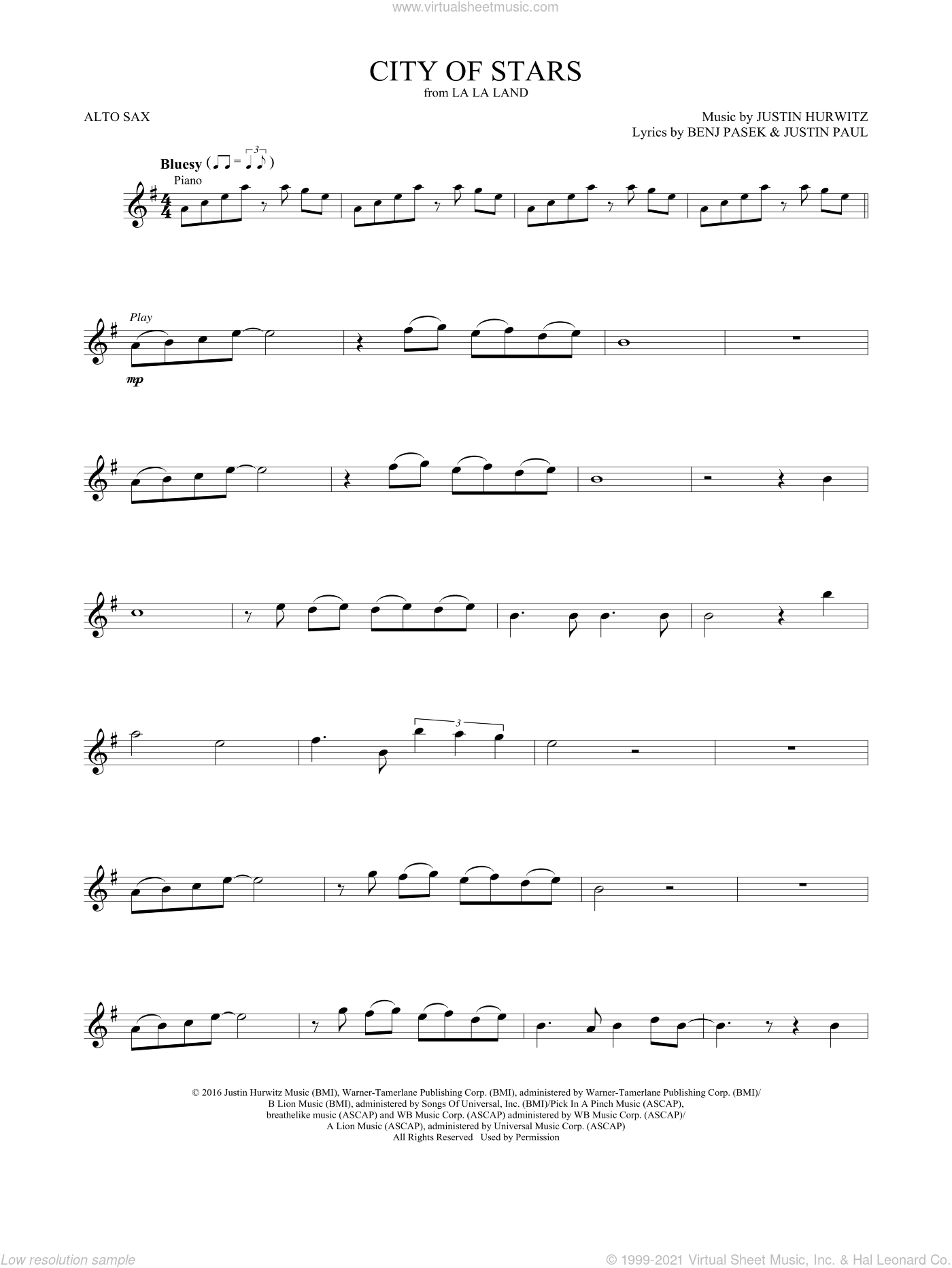 City of Stars (from La La Land) sheet music for alto saxophone solo