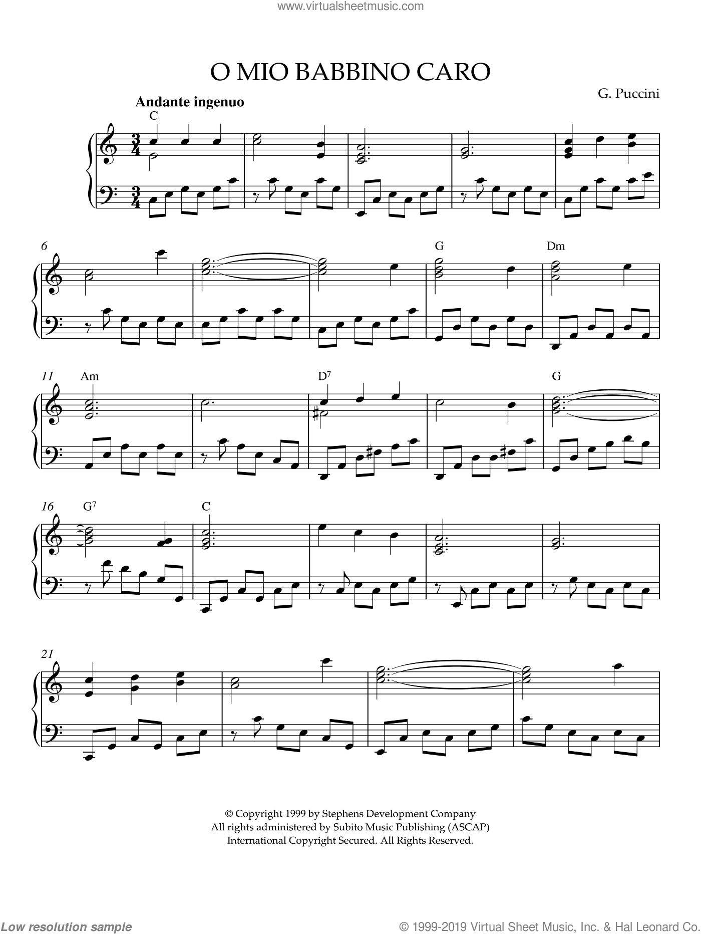 Mio Babbino Caro sheet music for piano solo (PDF)