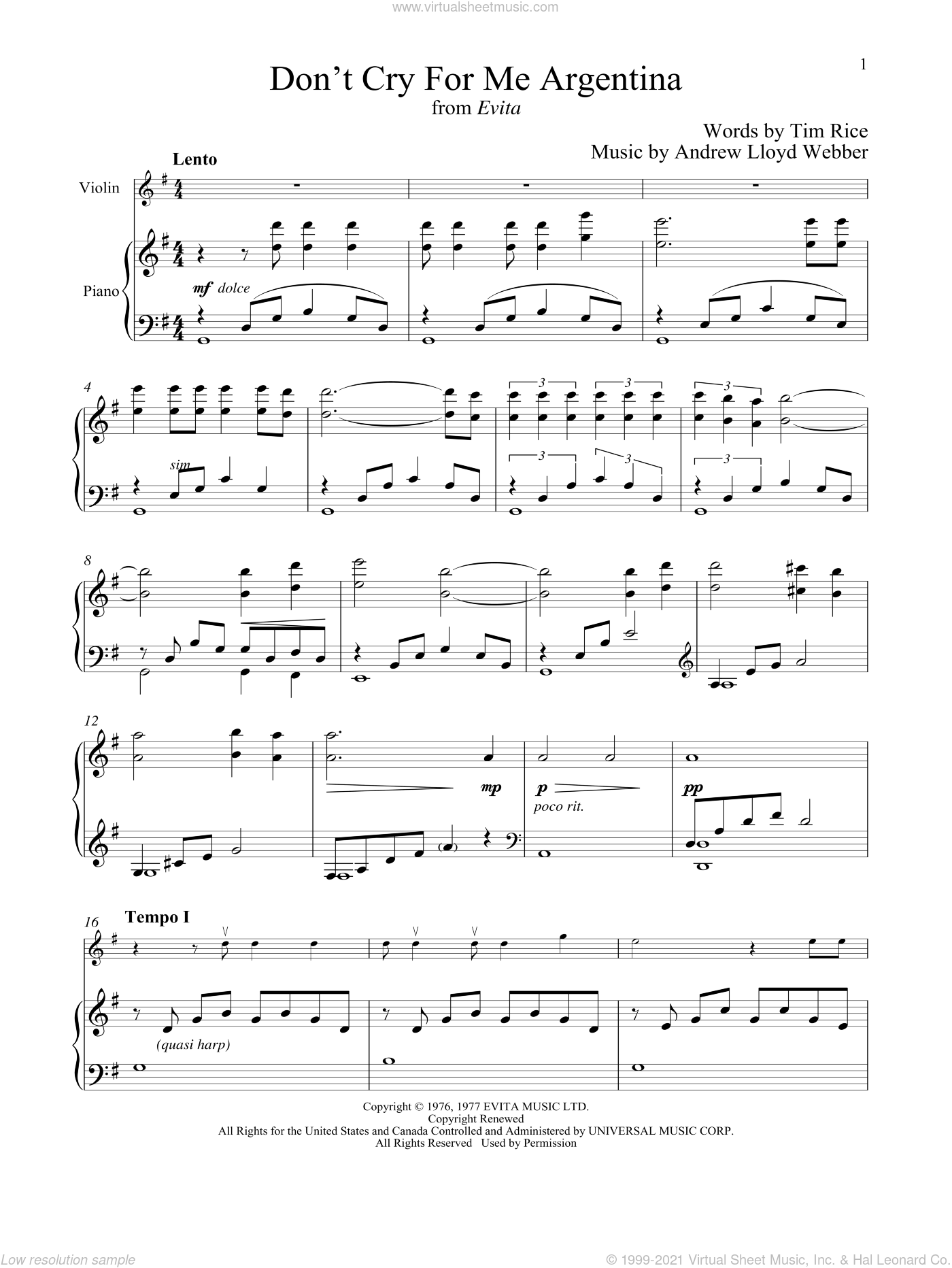 Don't Cry For Me Argentina Sheet Music For Violin And Piano (PDF)