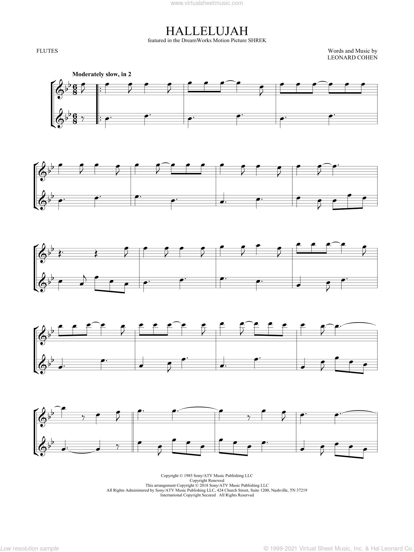 Cohen - Hallelujah sheet music for two flutes (duets) [PDF]