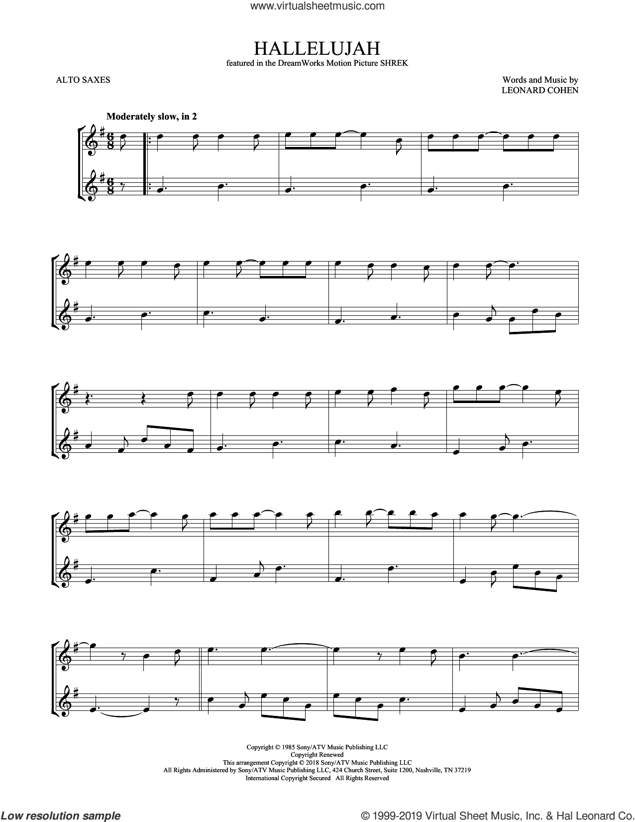 Cohen - Hallelujah sheet music for two alto saxophones (duets)