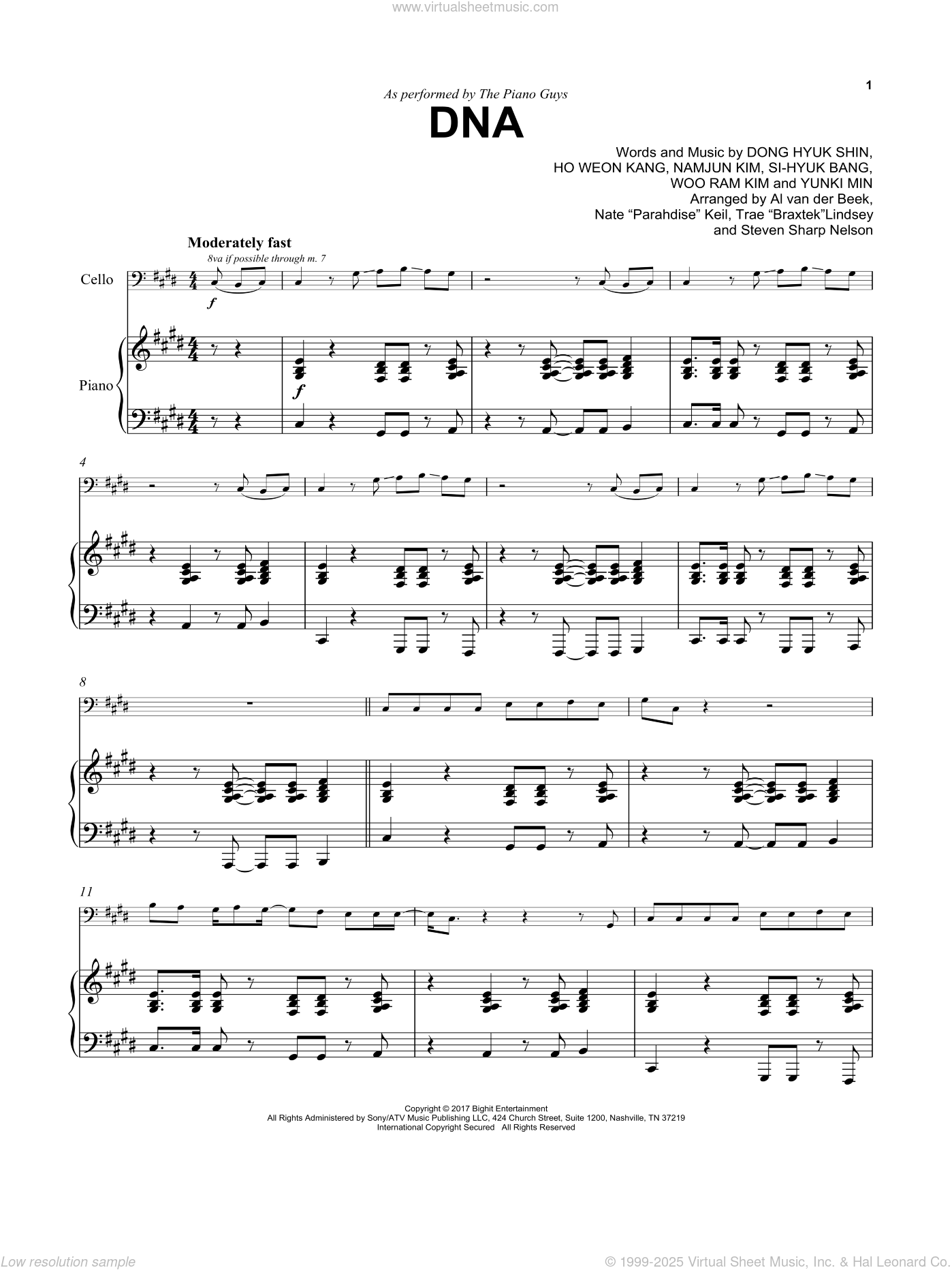 DNA sheet music for cello and piano (PDF-interactive)