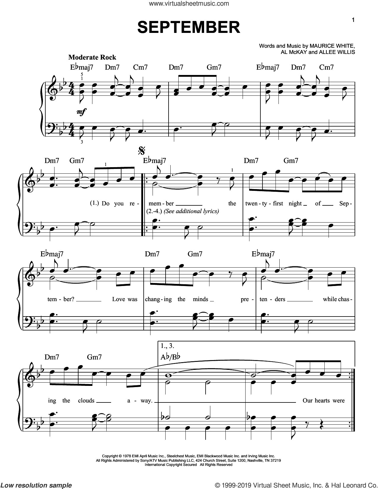 Fire - September sheet music for piano solo (PDF-interactive)
