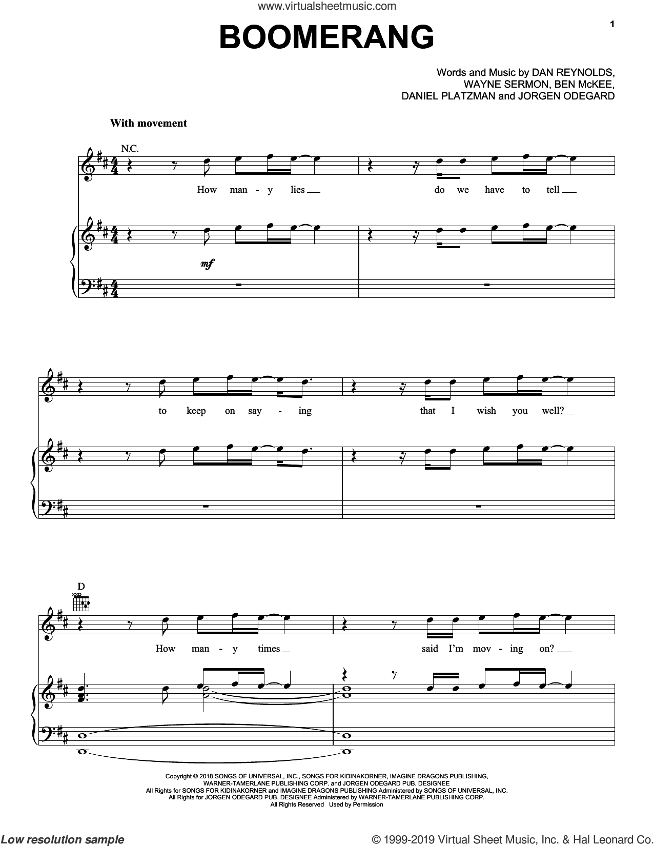 Imagine Dragons Boomerang sheet music for voice, piano or guitar