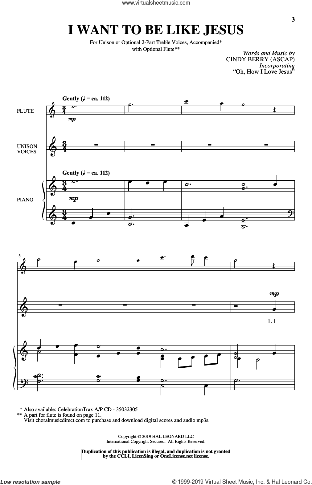 Berry I Want To Be Like Jesus Sheet Music For Choir Unison