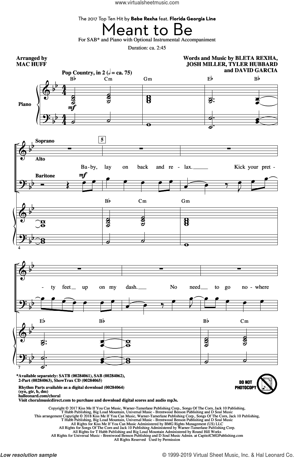 Rexha Meant To Be Feat Florida Georgia Line Arr Mac Huff Sheet Music For Choir Sab Soprano Alto Bass