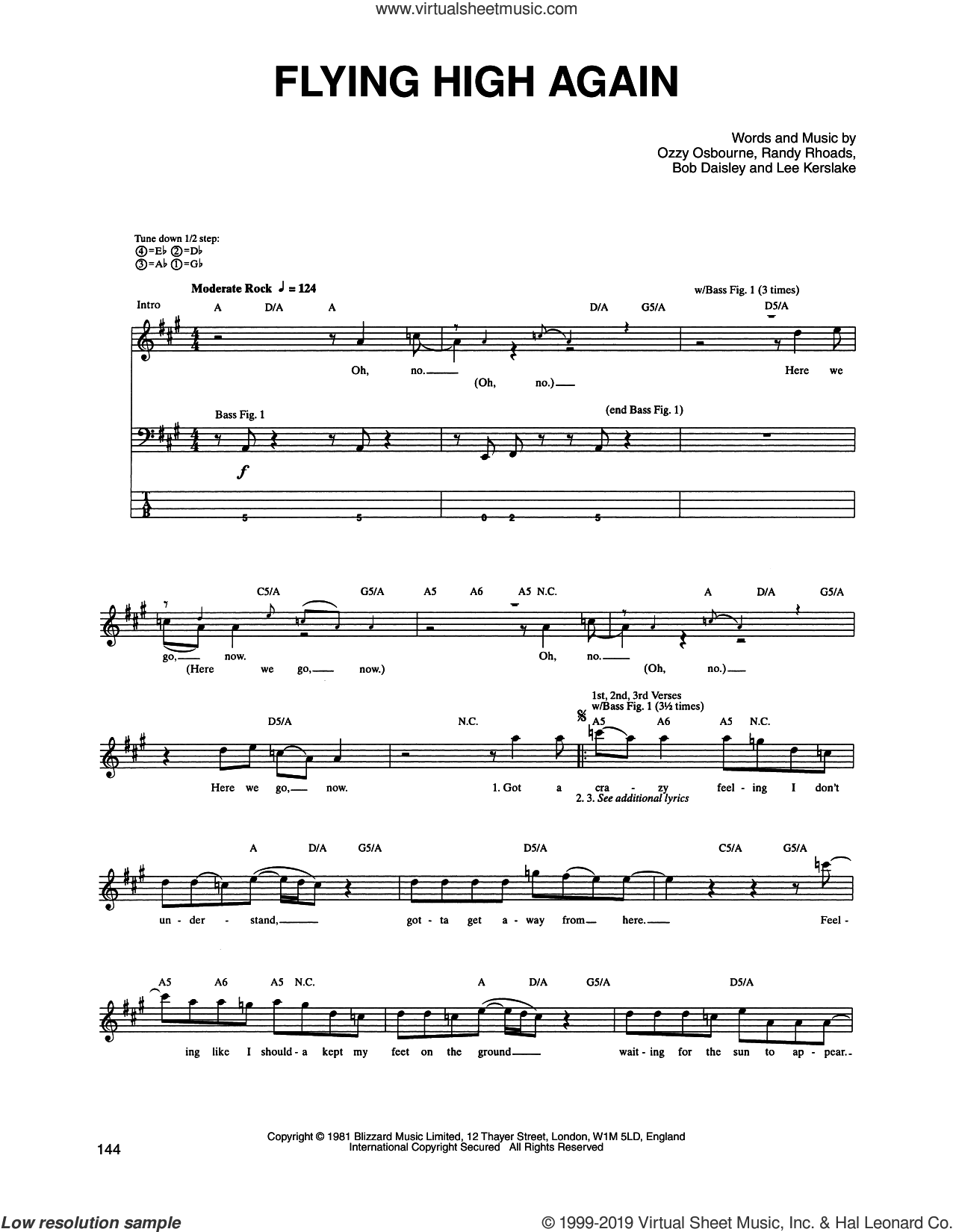 Osbourne Flying High Again Sheet Music For Bass Tablature Bass Guitar