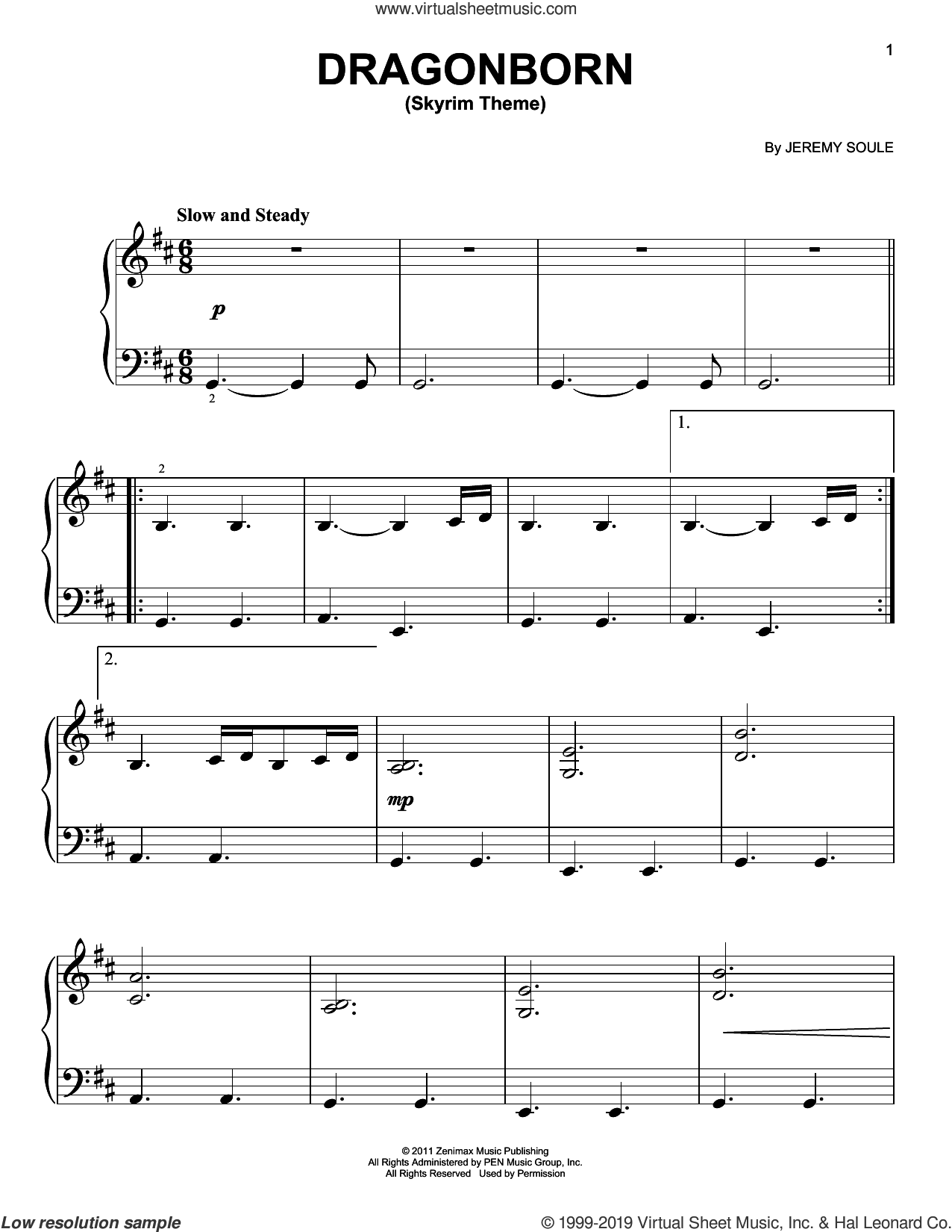 Soule Dragonborn Skyrim Theme Easy Sheet Music For Piano Solo