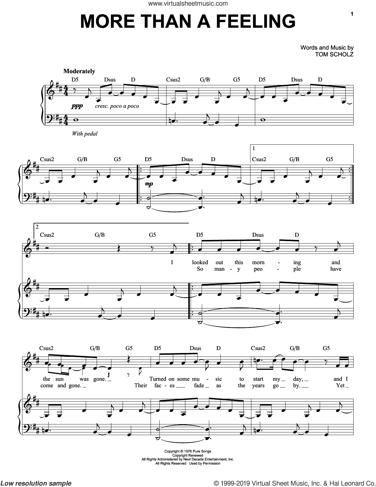 More Than A Feeling sheet music for voice and piano (PDF)