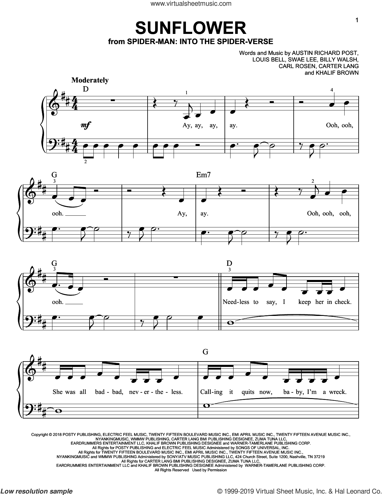 Sunflower From Spider Man Into The Spider Verse Sheet Music For