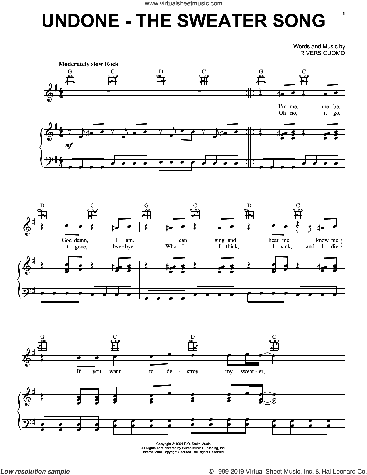 Undone - The Sweater Song sheet music for voice, piano or guitar