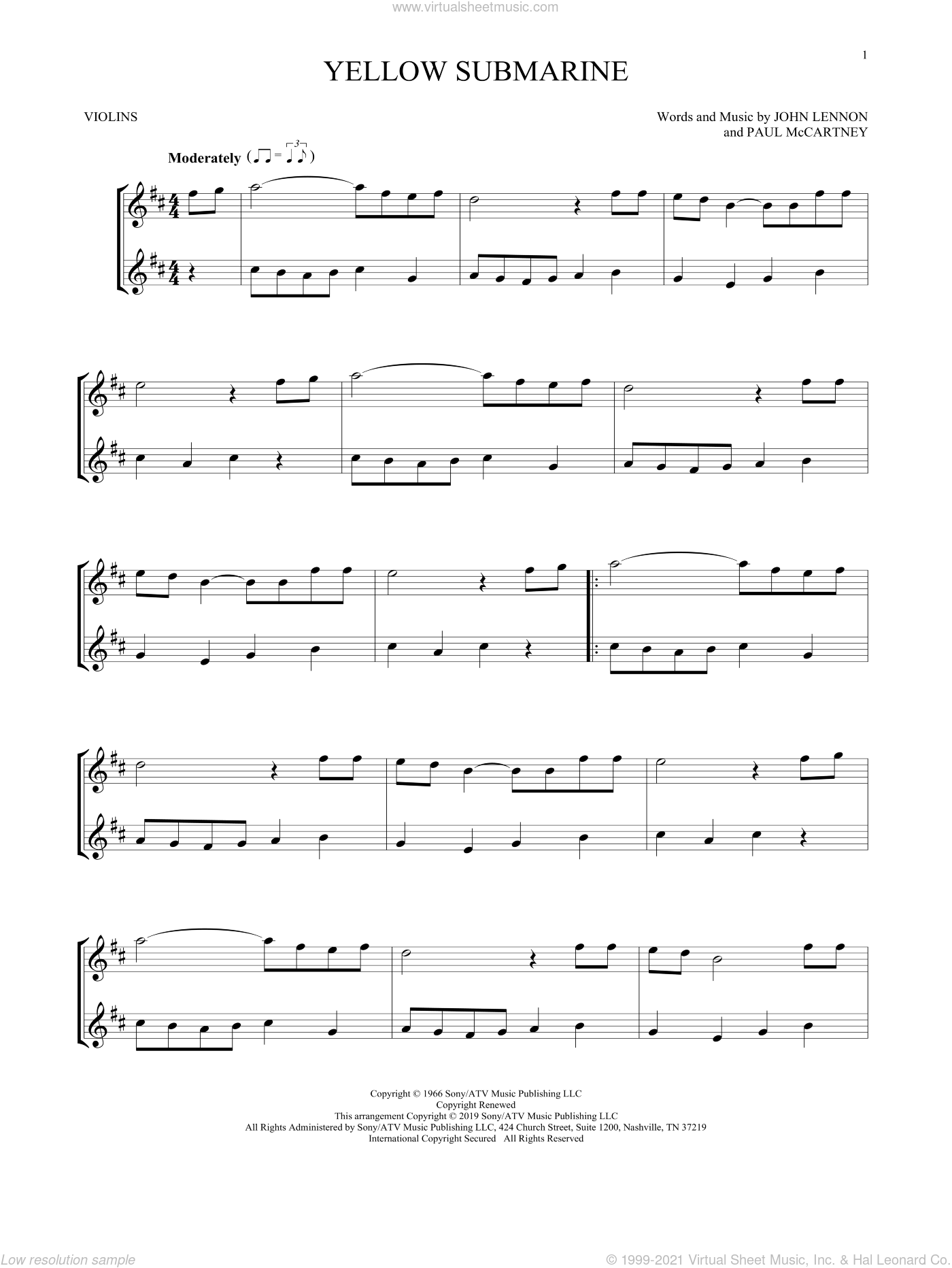 Beatles - Yellow Submarine Sheet Music For Two Violins (duets, Violin ...