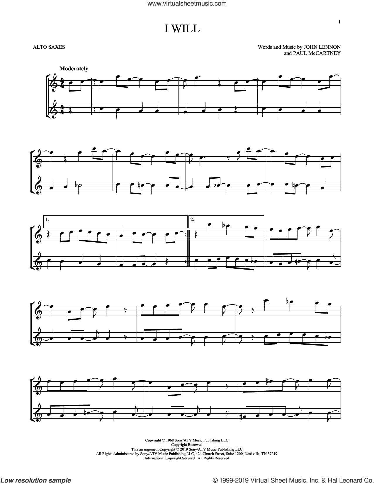 I Will sheet music for two alto saxophones (duets) (PDF)