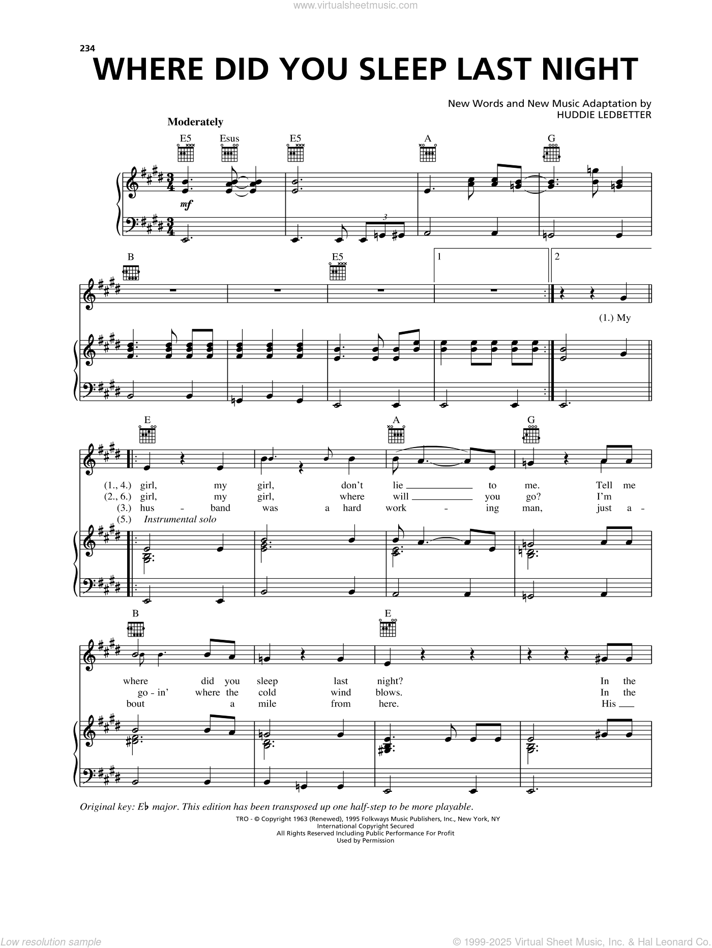 Where Did You Sleep Last Night sheet music for voice, piano or guitar