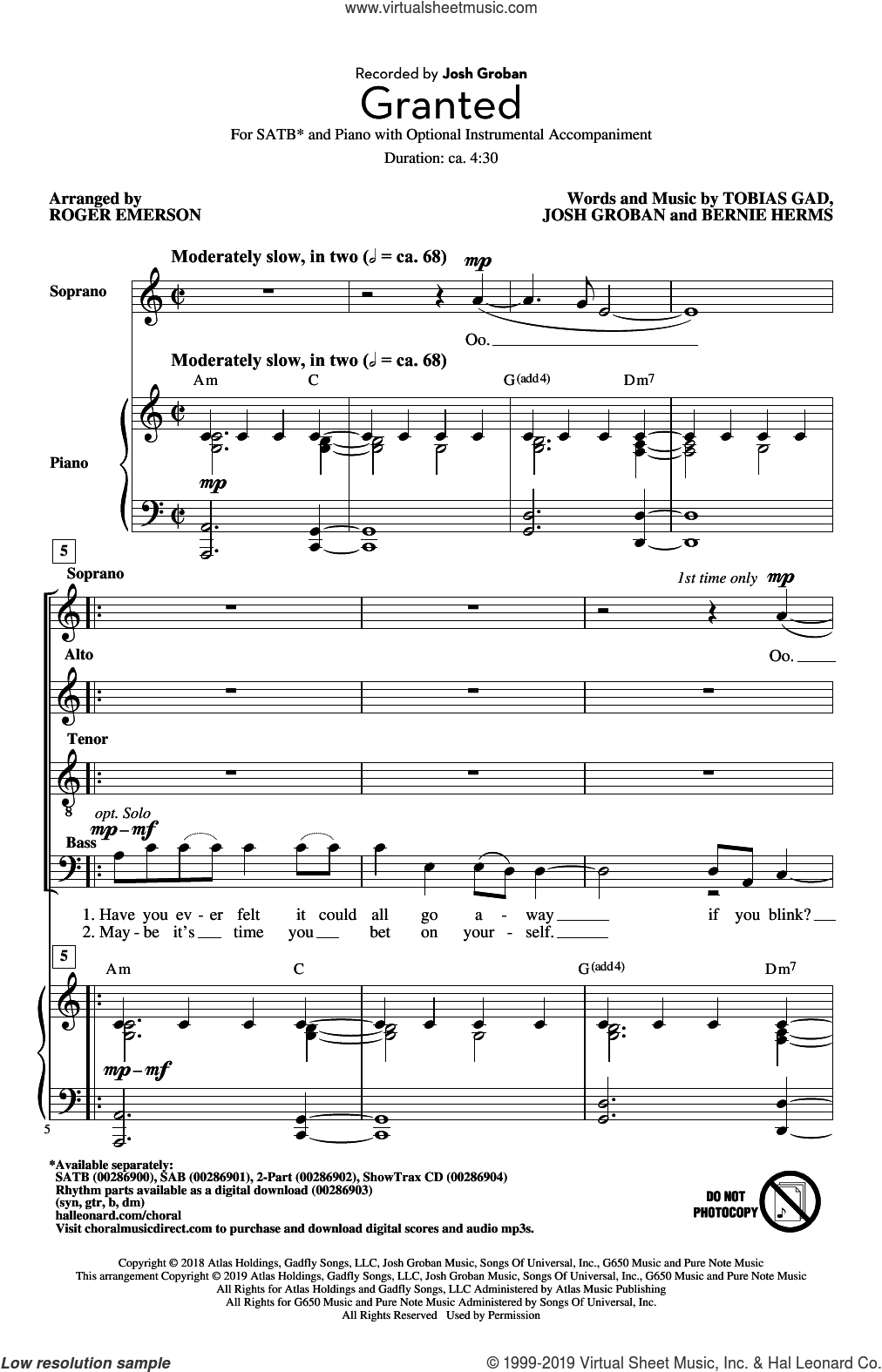 Granted (arr. Roger Emerson) sheet music for choir (SATB: soprano, alto ...