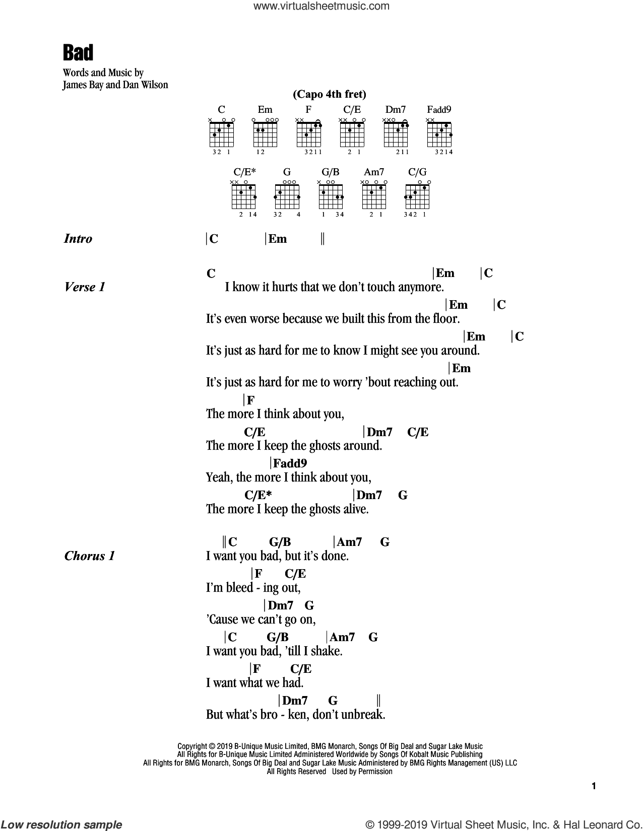 James Bay: Bad sheet music for guitar (chords) (PDF)