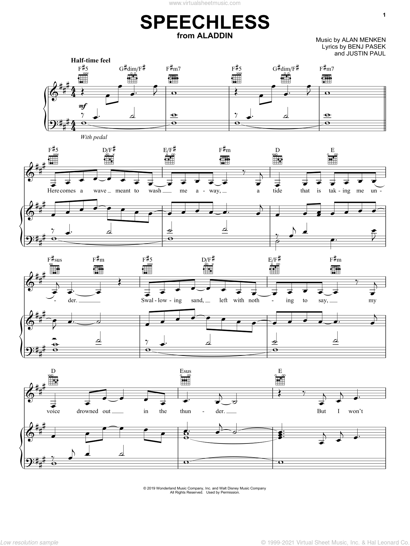 ik klaag Verfrissend Statistisch Speechless (from Disney's Aladdin) sheet music for voice, piano or guitar