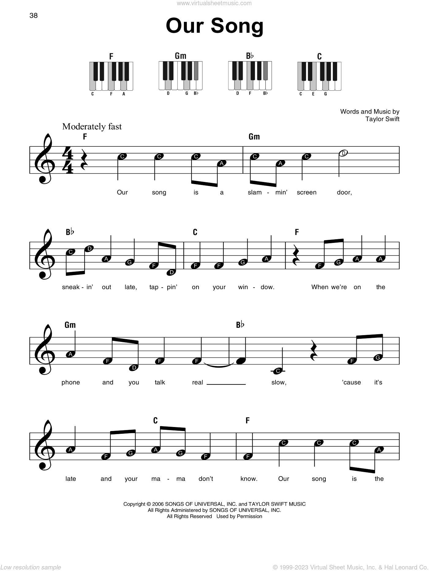 Swift - Our Song, (beginner) sheet music for piano solo (PDF)