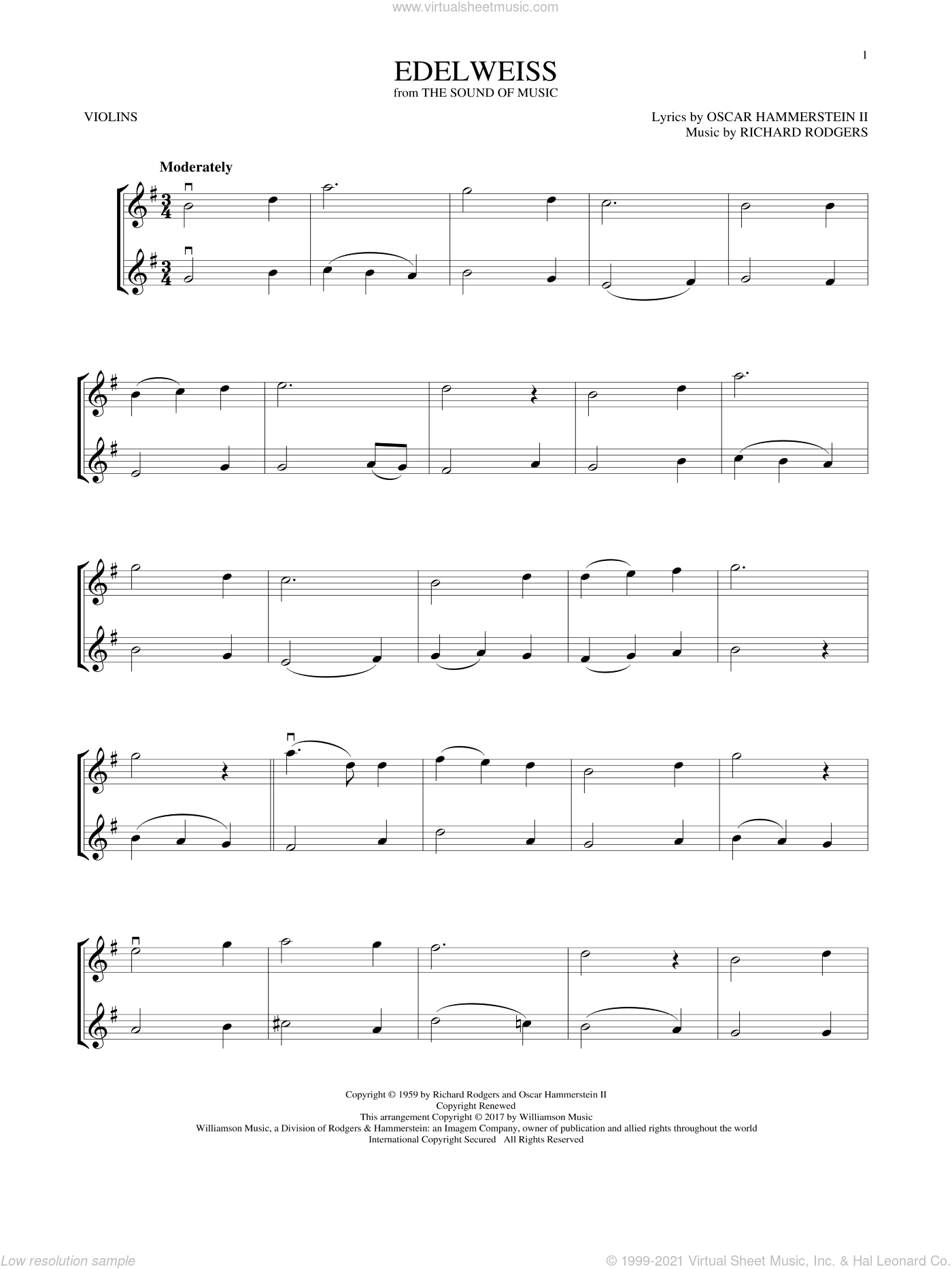 Hammerstein Edelweiss From The Sound Of Music Sheet Music For Two Violins Duets Violin Duets