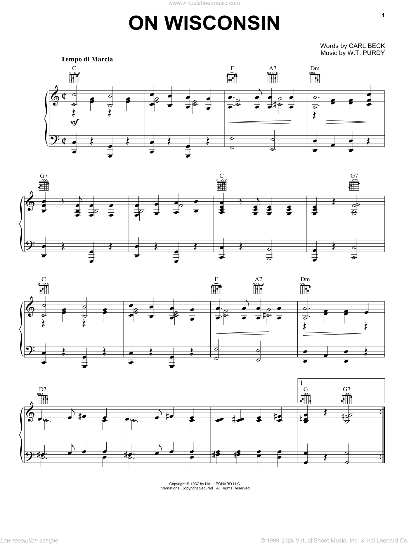 On Wisconsin! sheet music for voice, piano or guitar (PDF)