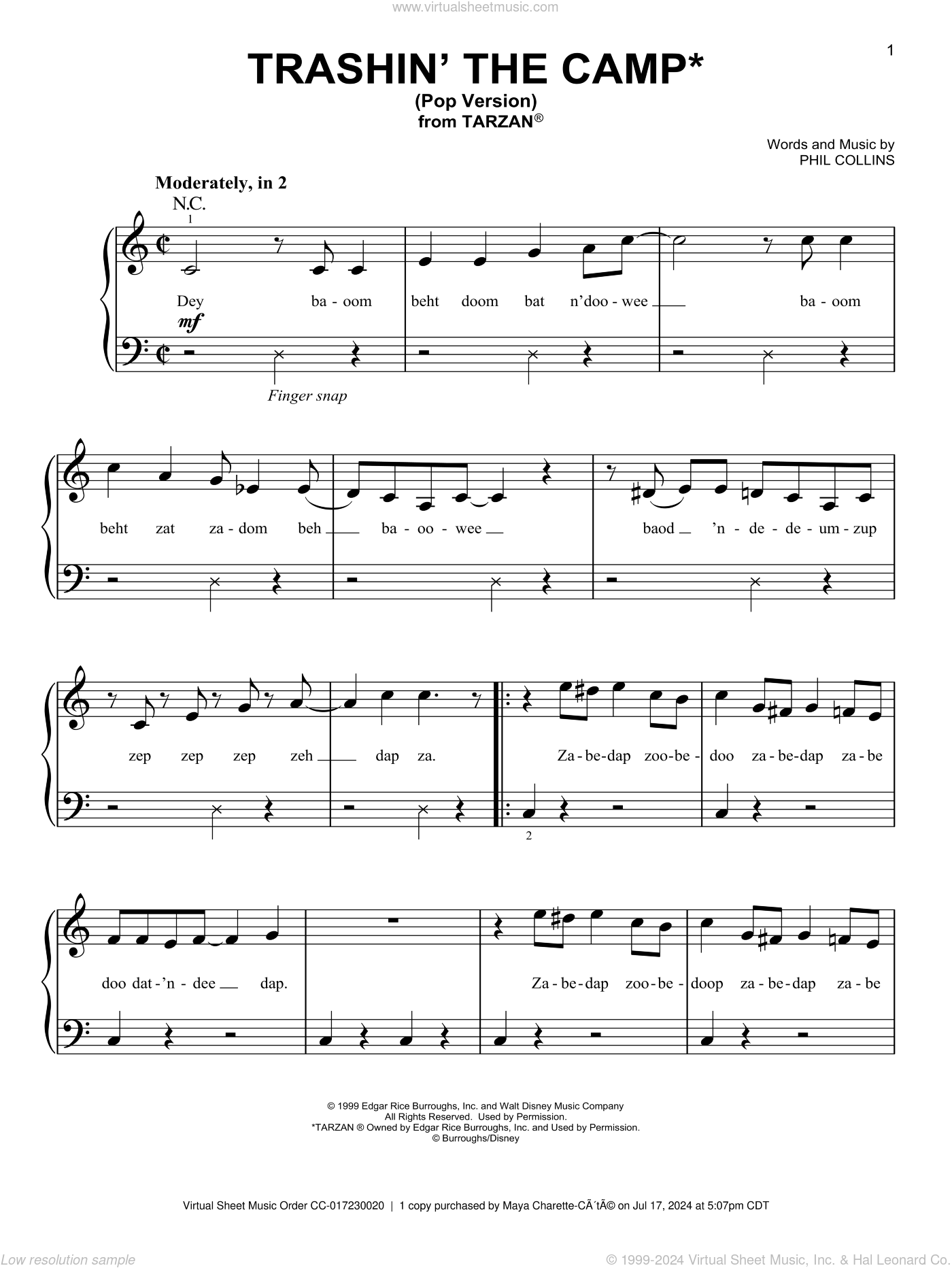 Trashin' The Camp (Pop Version) (from Tarzan) sheet music for piano solo