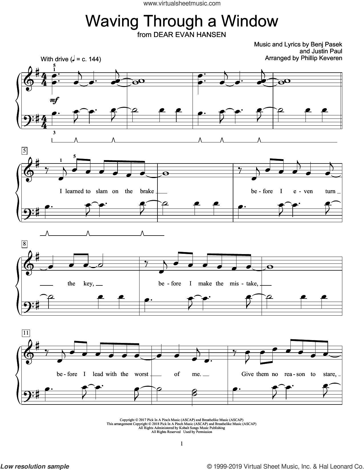 Paul Waving Through A Window (from Dear Evan Hansen) (arr. Phillip Keveren) sheet music for