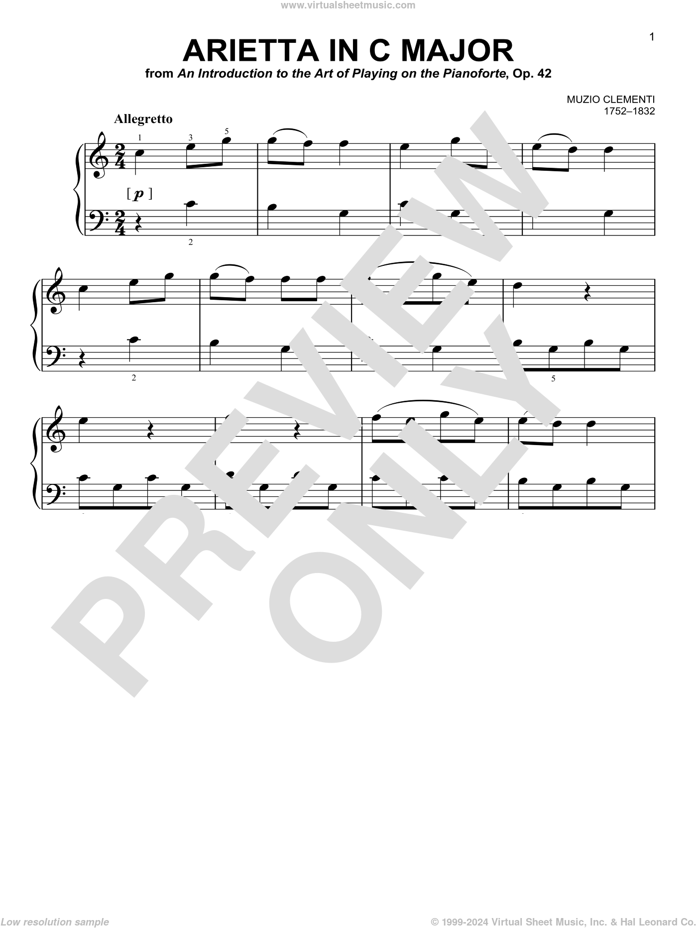 Arietta In C Major sheet music (easy) for piano solo (PDF)