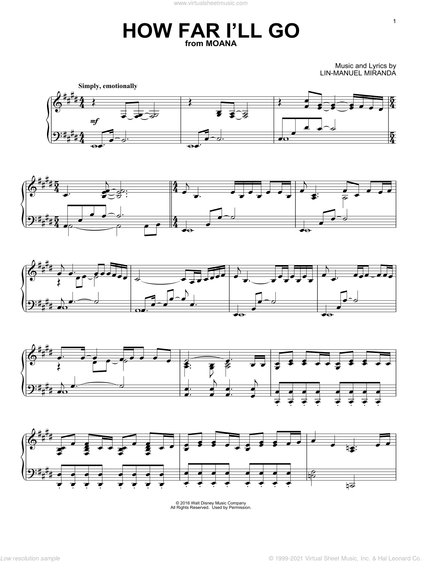Miranda How Far I Ll Go From Moana Sheet Music For Piano Solo V2