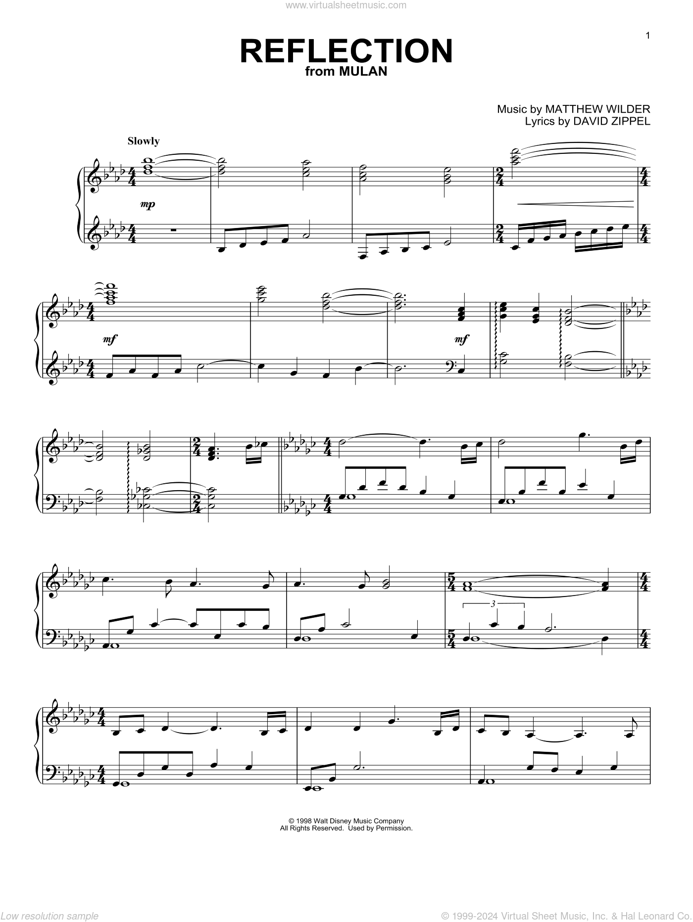 Wilder Reflection From Mulan Sheet Music For Piano Solo Pdf