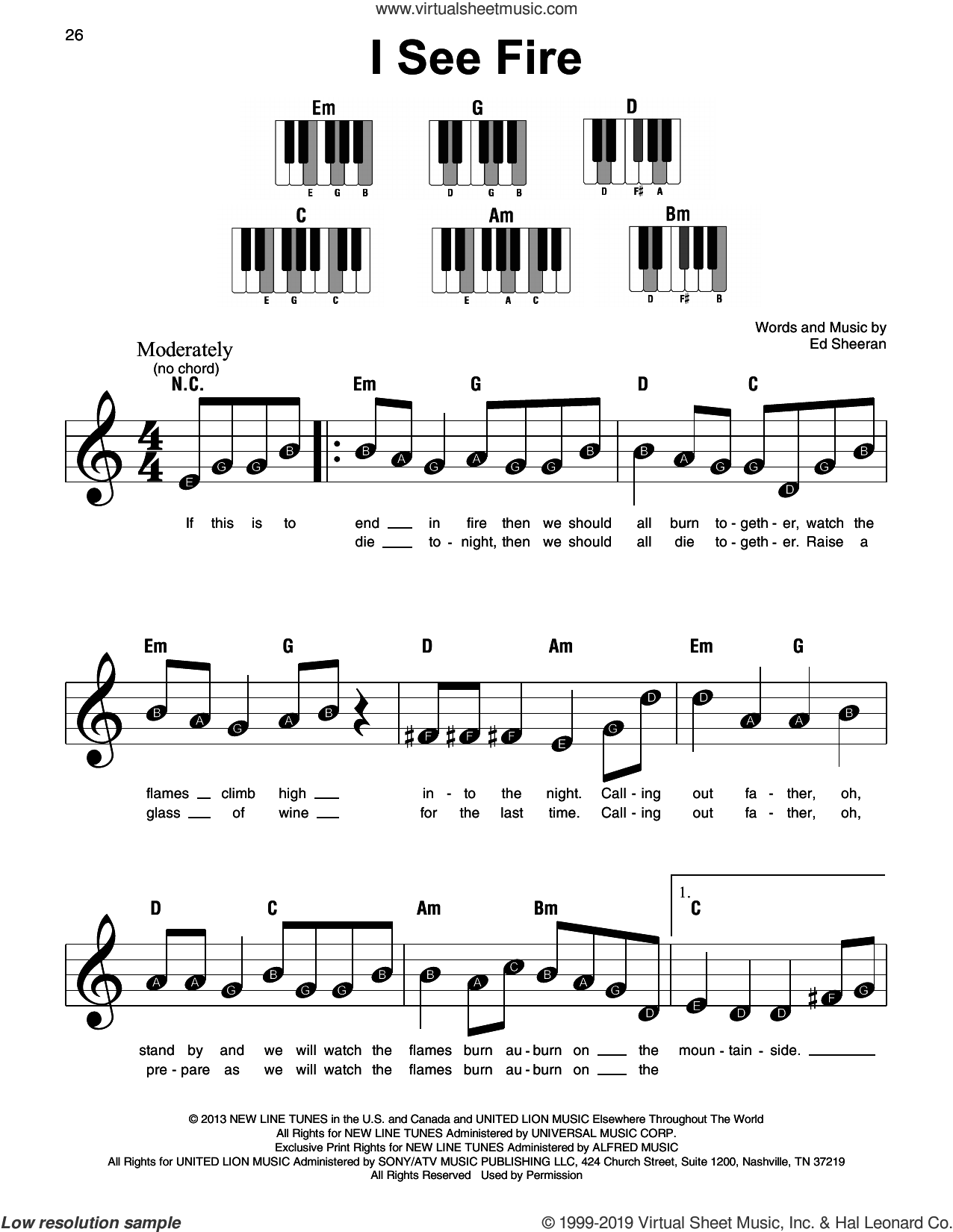 I See Fire (from The Hobbit), (beginner) sheet music for piano solo