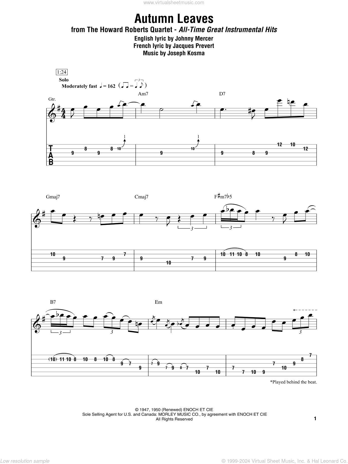 Autumn Leaves Sheet Music For Electric Guitar transcription 