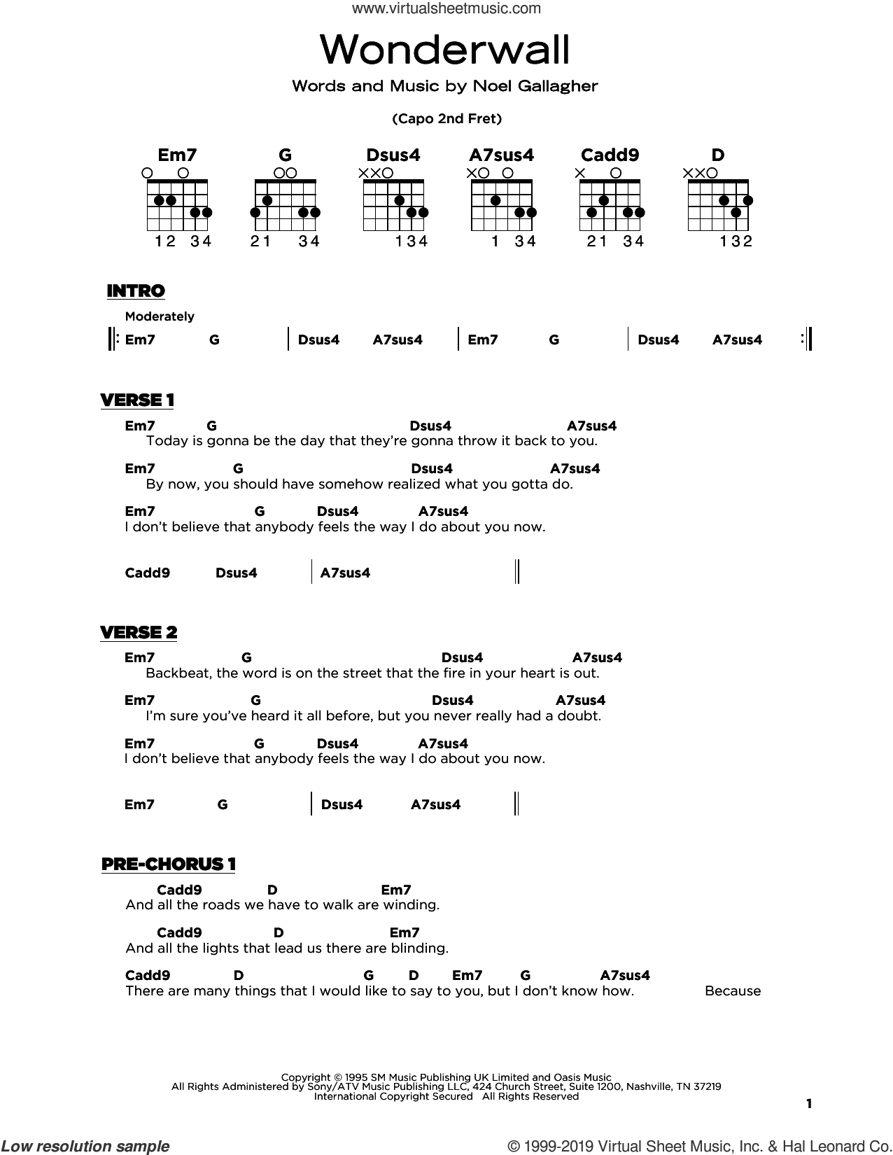 Wonderwall sheet music (beginner) for guitar solo (PDF)