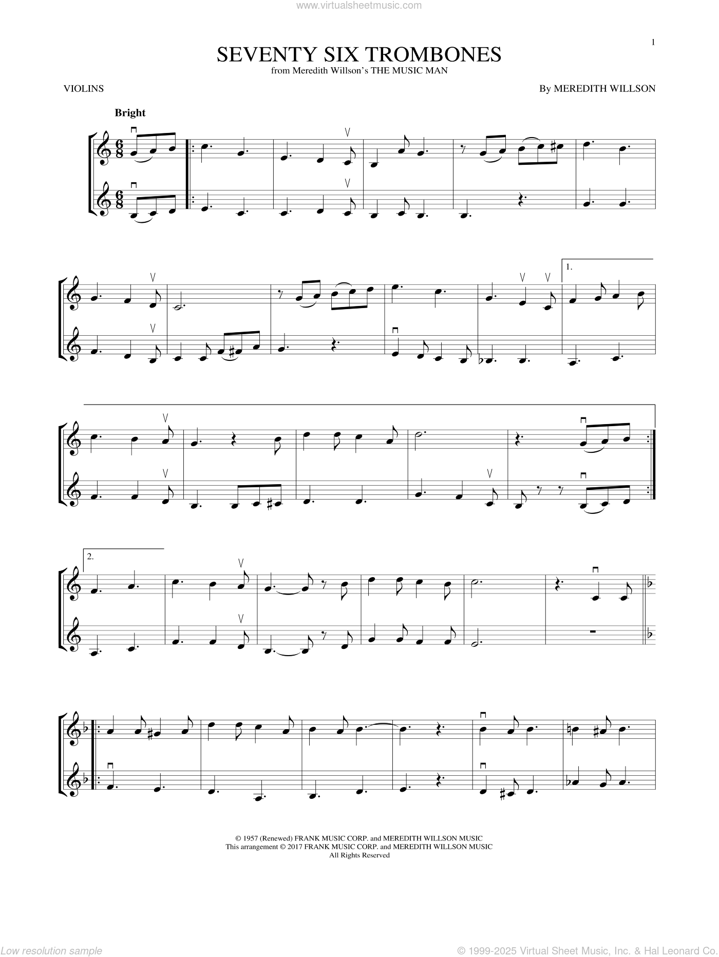 Seventy Six Trombones (from The Music Man) sheet music for two violins