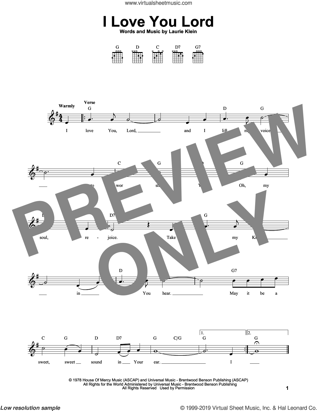 I Love You Lord sheet music for guitar solo (chords) (PDF)