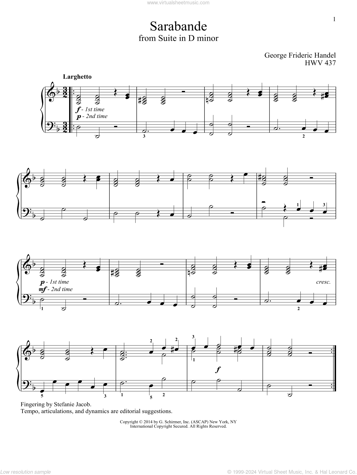 Sarabande, (intermediate) sheet music for piano solo (PDF)