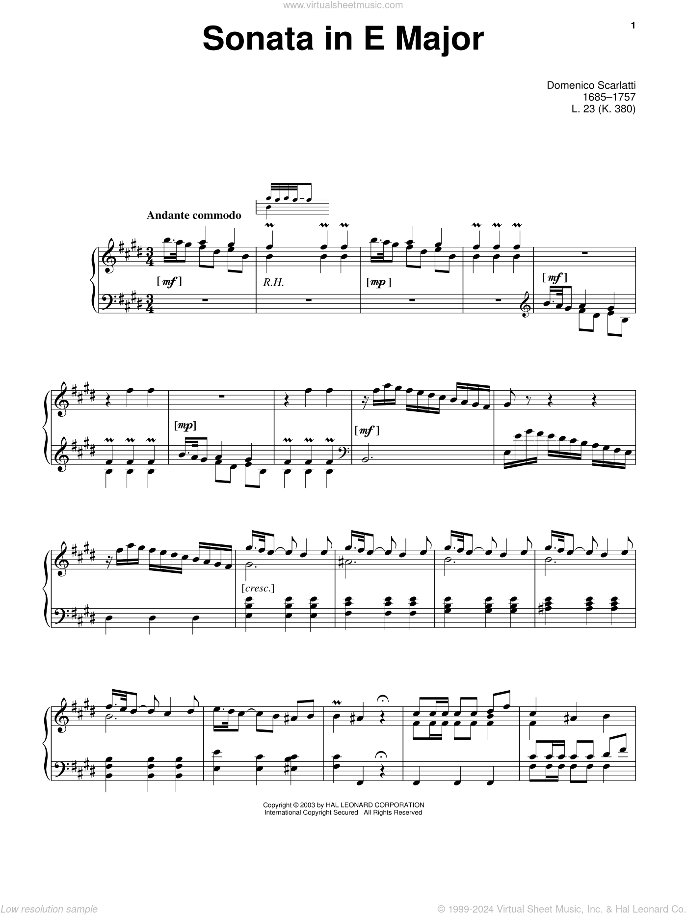 Scarlatti Piano Sonata In E Major L 23 Sheet Music For Piano Solo