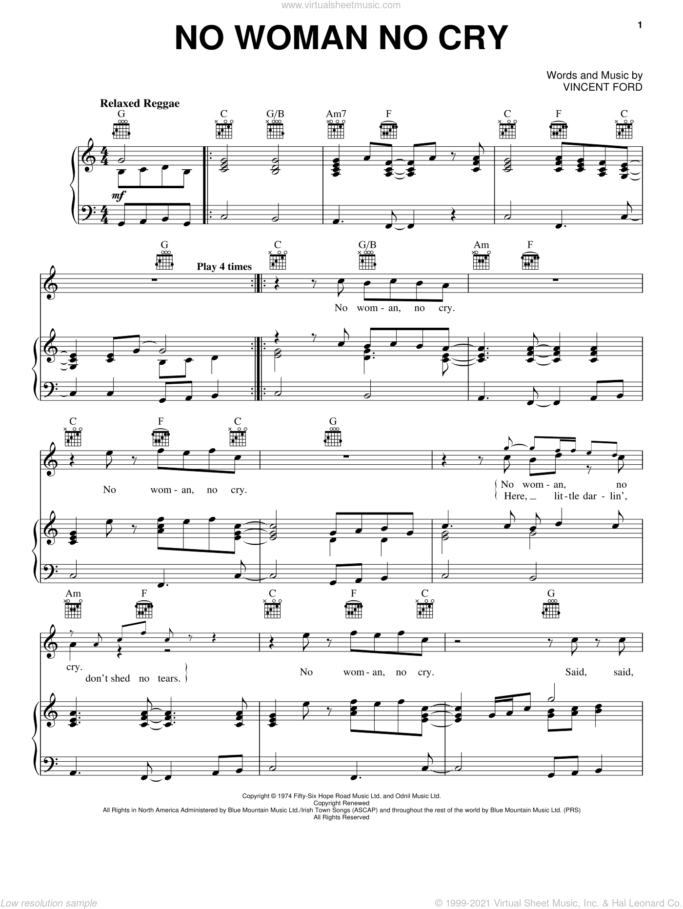 No Woman, No Cry sheet music (intermediate) for piano solo (chords