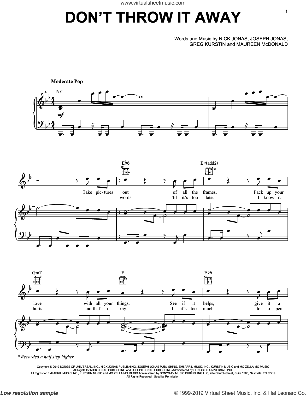 Don't Throw It Away sheet music for voice, piano or guitar (PDF)