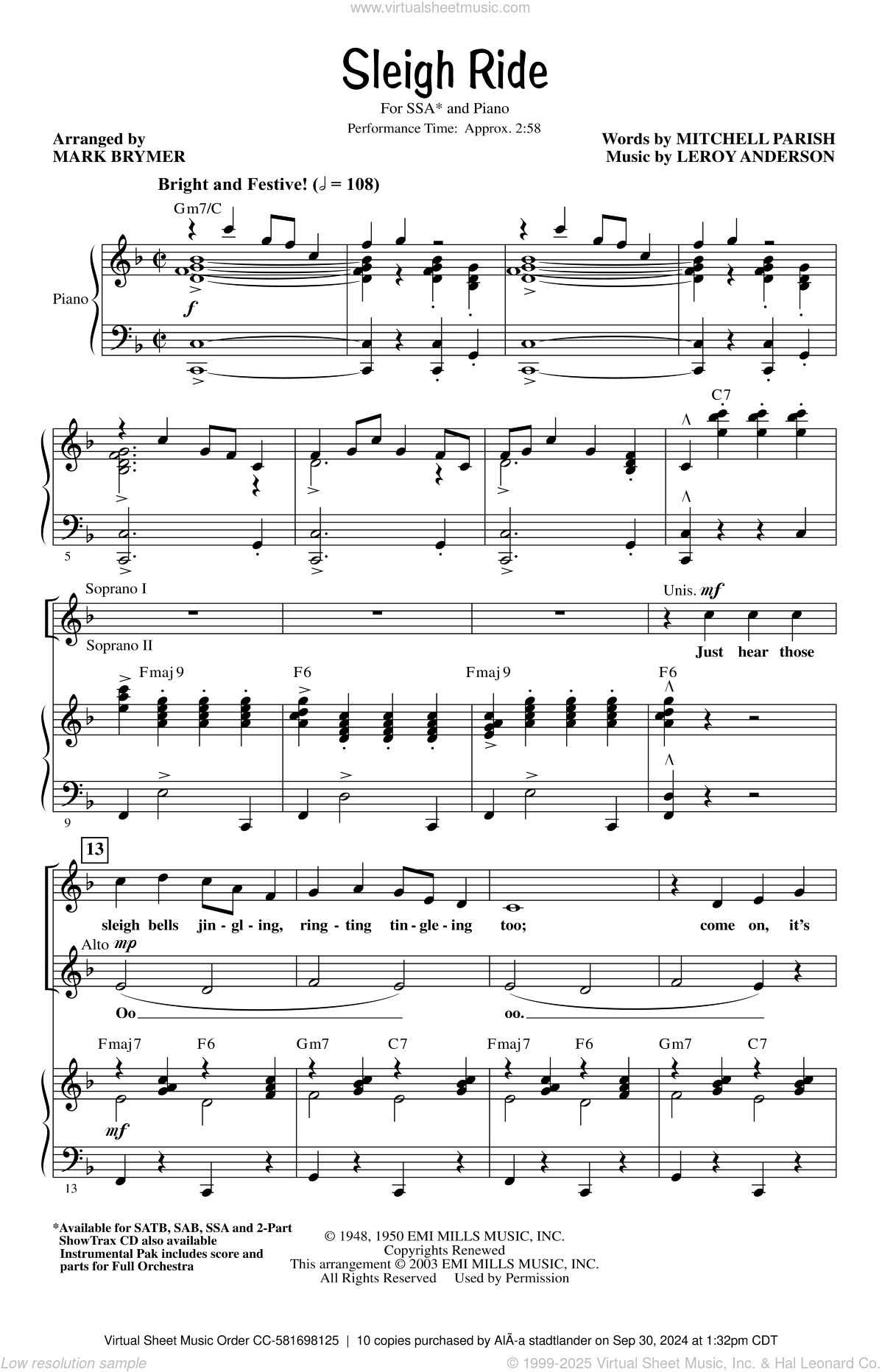 Anderson Sleigh Ride (arr. Mark Brymer) sheet music for choir (SSA