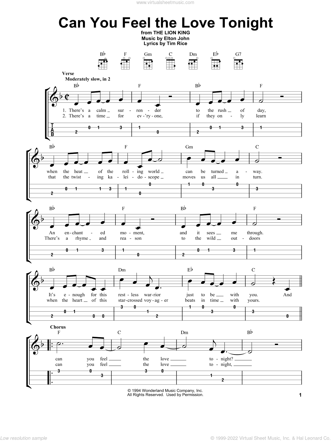 John - Can You Feel The Love Tonight (from The Lion King) sheet music for ukulele (easy