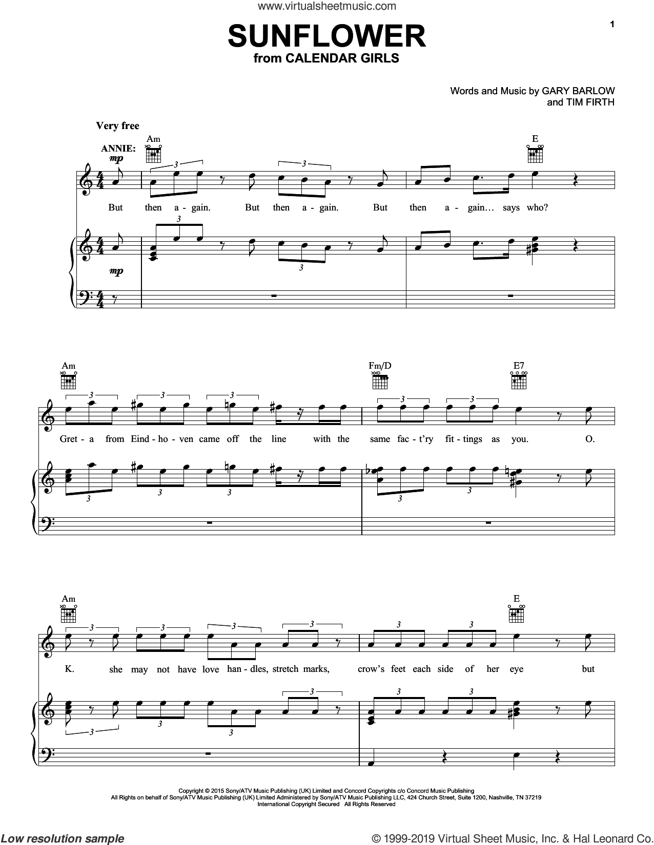 Sunflower (from Calendar Girls the Musical) sheet music for voice ...