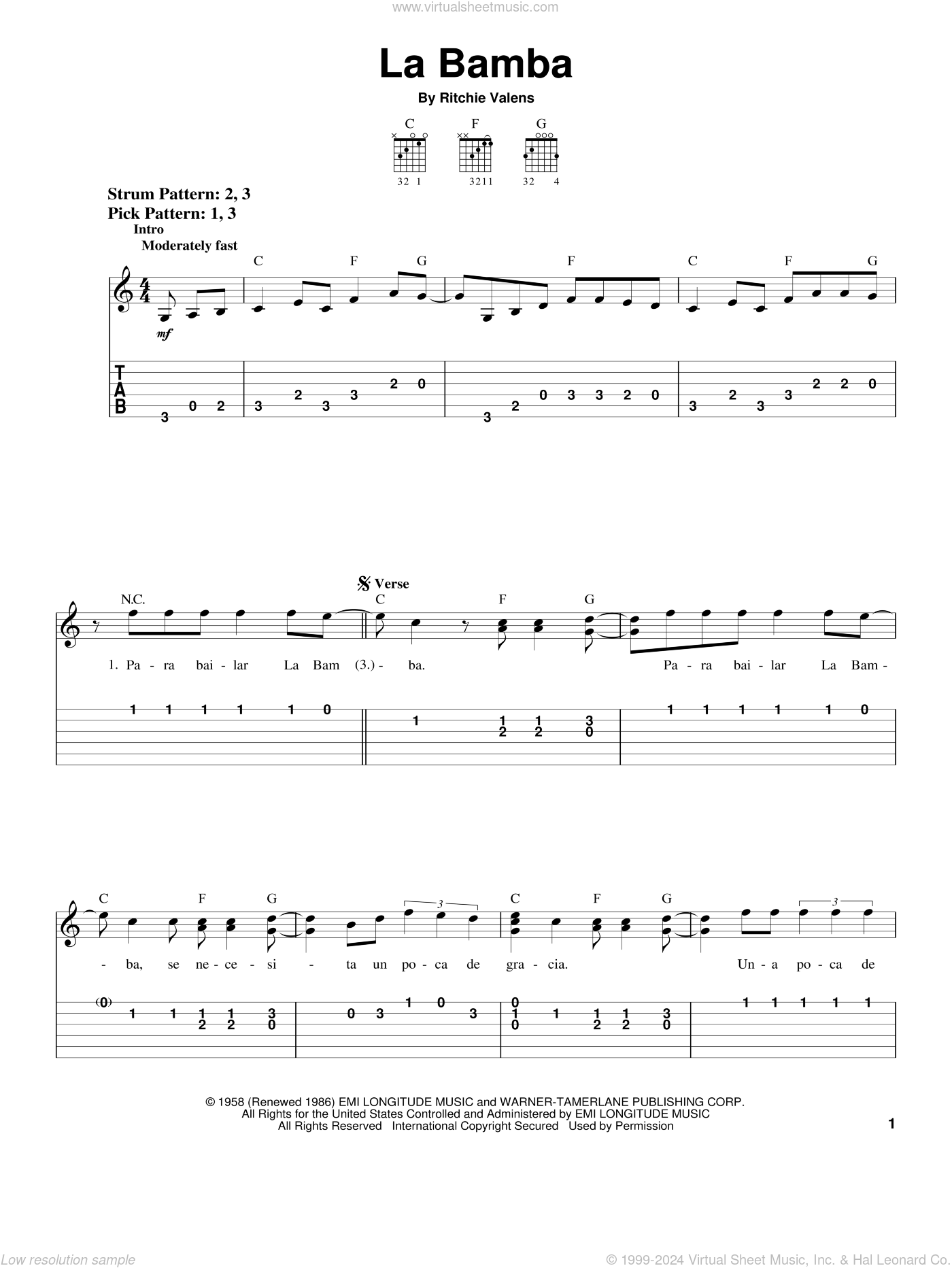 La Bamba sheet music (easy) for guitar solo (chords) (PDF)