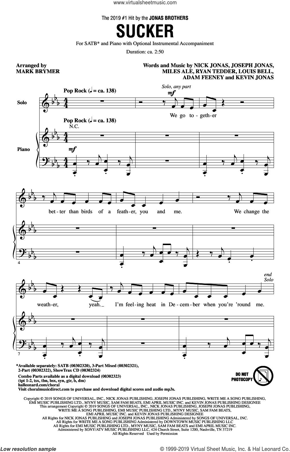 Sucker (arr. Mark Brymer) Sheet Music For Choir (SATB: Soprano, Alto ...