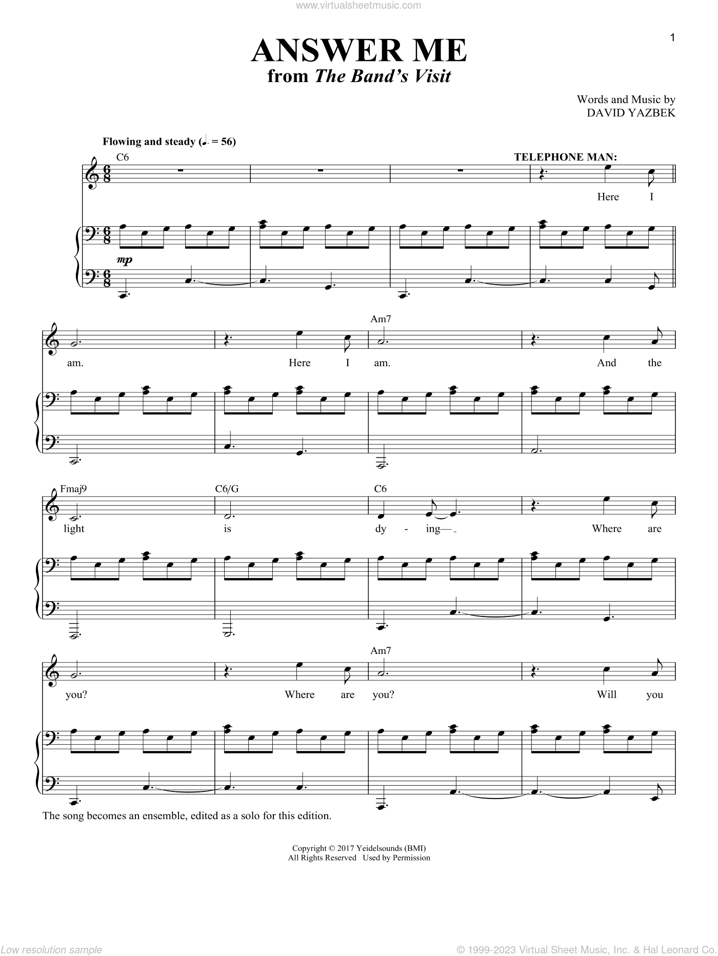 Yazbek Answer Me Solo Version From The Band S Visit Sheet Music For Voice And Piano Tenor