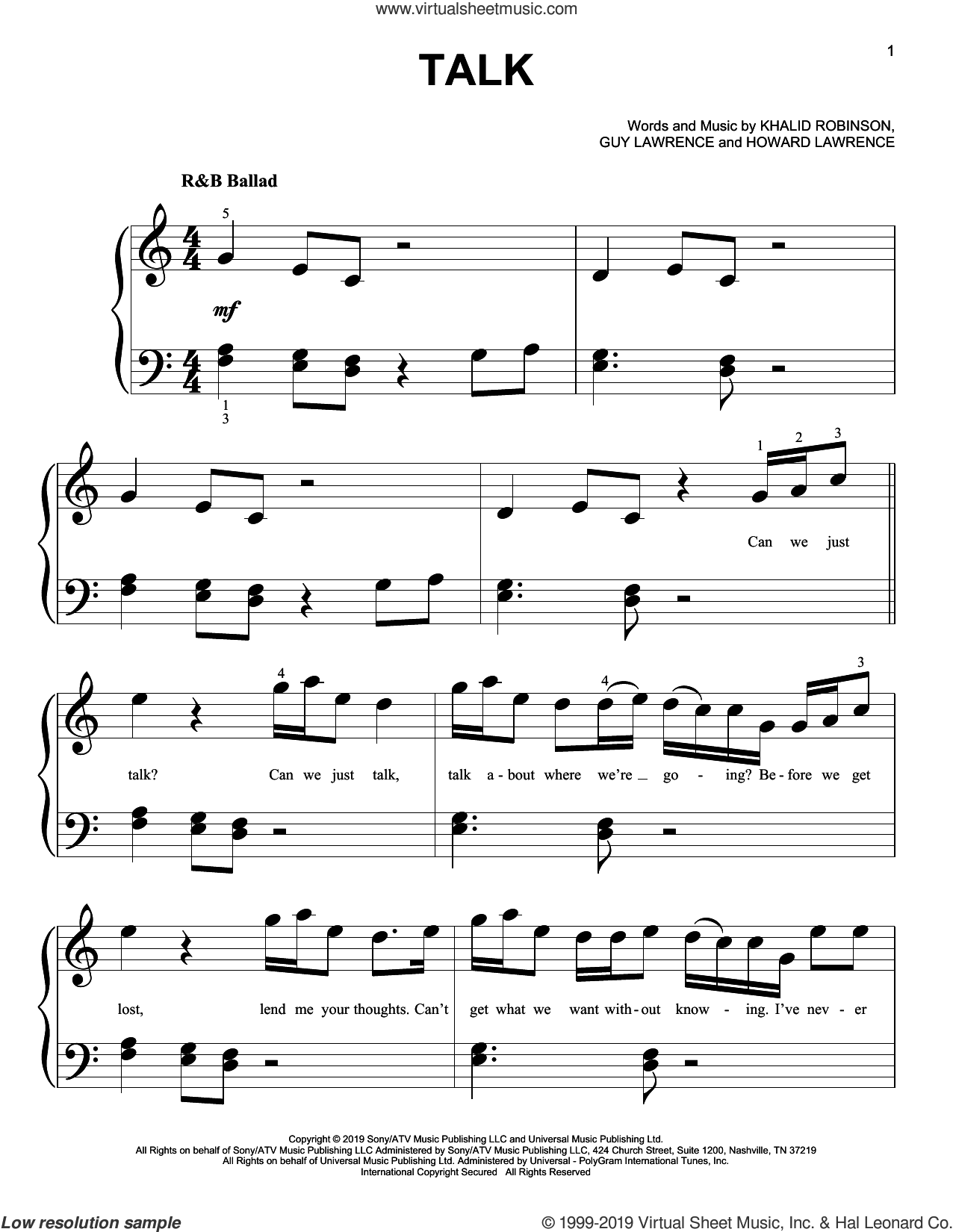 Khalid: Talk sheet music for piano solo (big note book) (PDF)